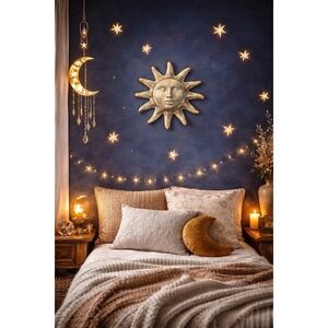 Vintage Terracotta Whimsy Goth Folk Art Clay Pottery Wall Hang Celestial Sun 11"